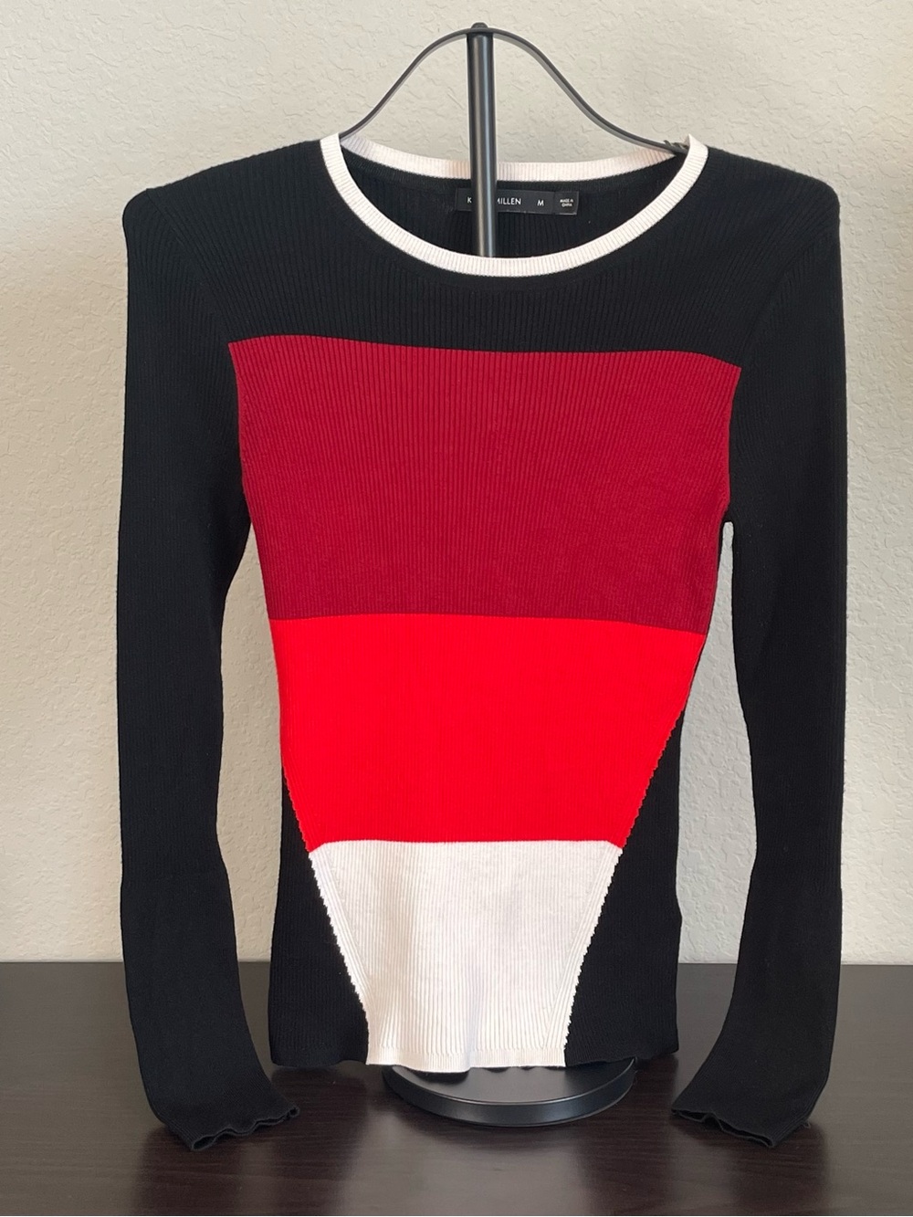 Karen Millen Signature Stretch Colorblock Ribbed Knit Long Sleeve Sweater Sz S/M